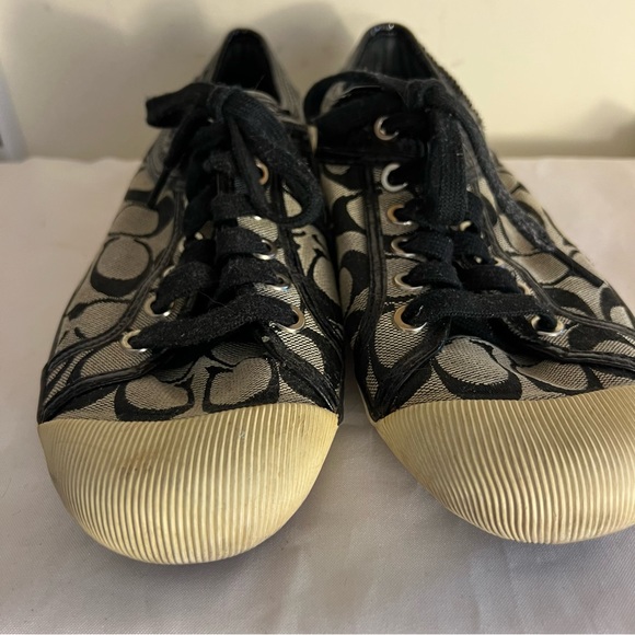 COACH Francesca 8M Canvas Leather Shoes Sneakers Black Gray Logo Tennis Shoes - Picture 2 of 4